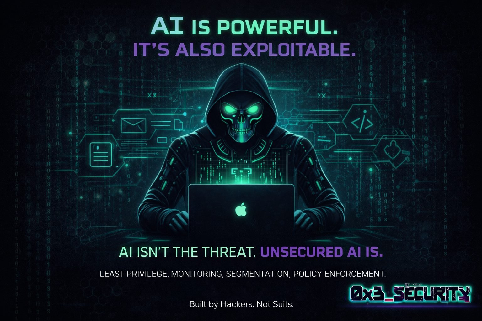 Hooded skull figure at laptop — AI prompt injection and LLM security risk