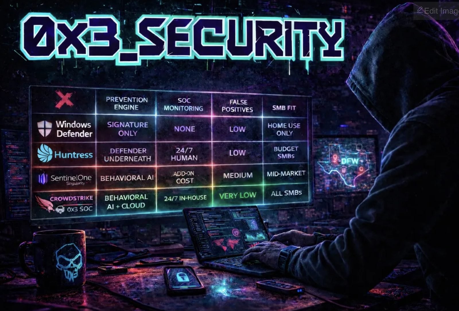 Hooded figure at laptop comparing EDR platforms — best EDR for small business