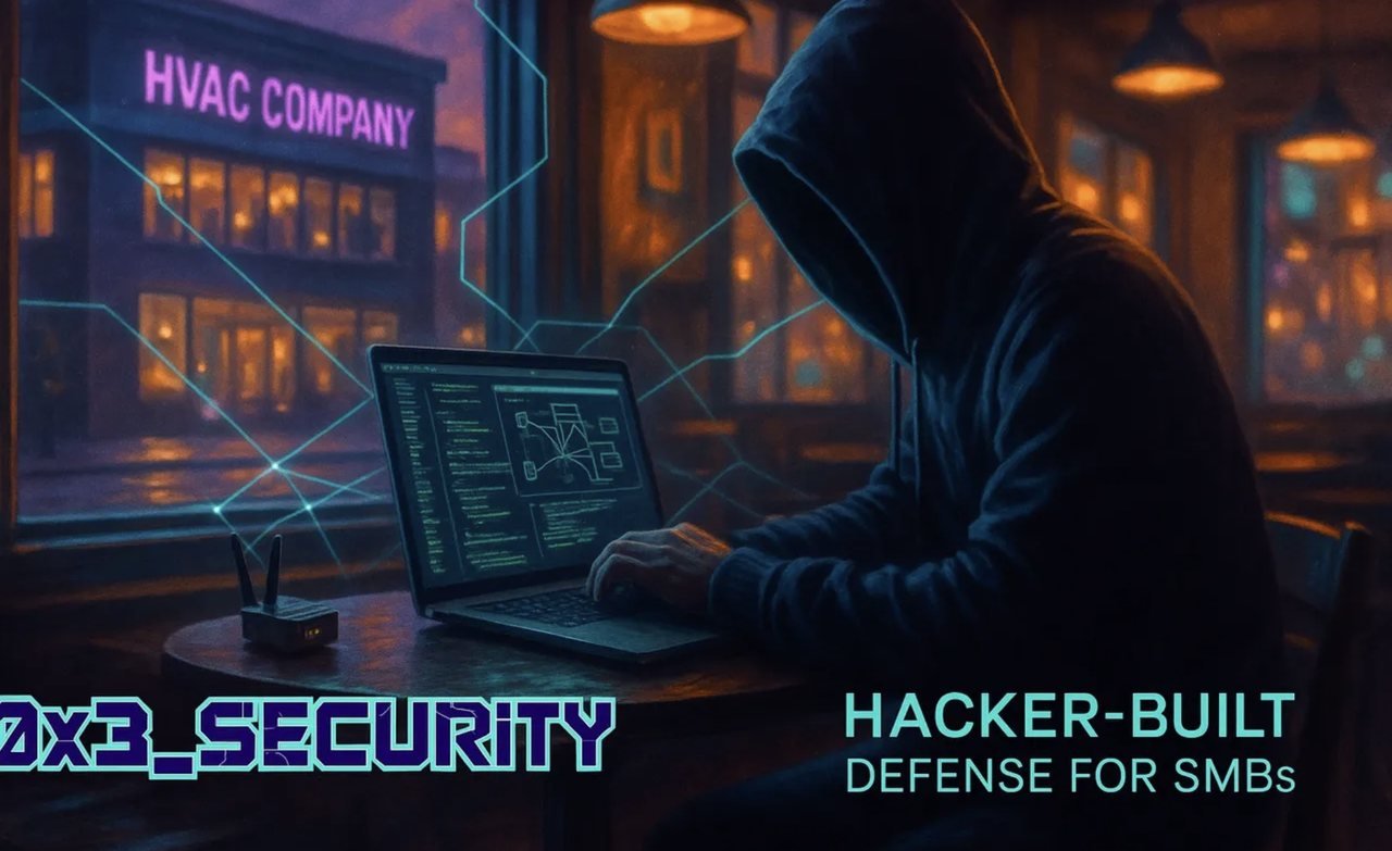 A hooded operator probing an HVAC company's network &mdash; 0x3 Security, hacker-built defense for SMBs