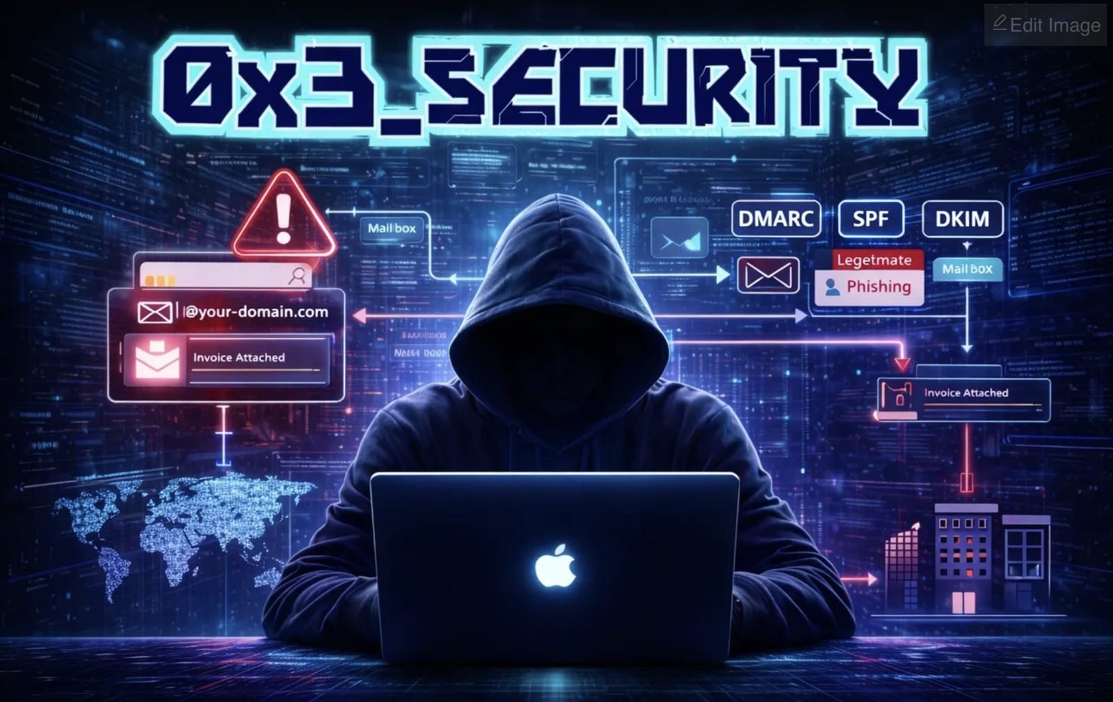 Hooded figure at laptop with DMARC, SPF, DKIM email authentication flow — domain spoofing risk