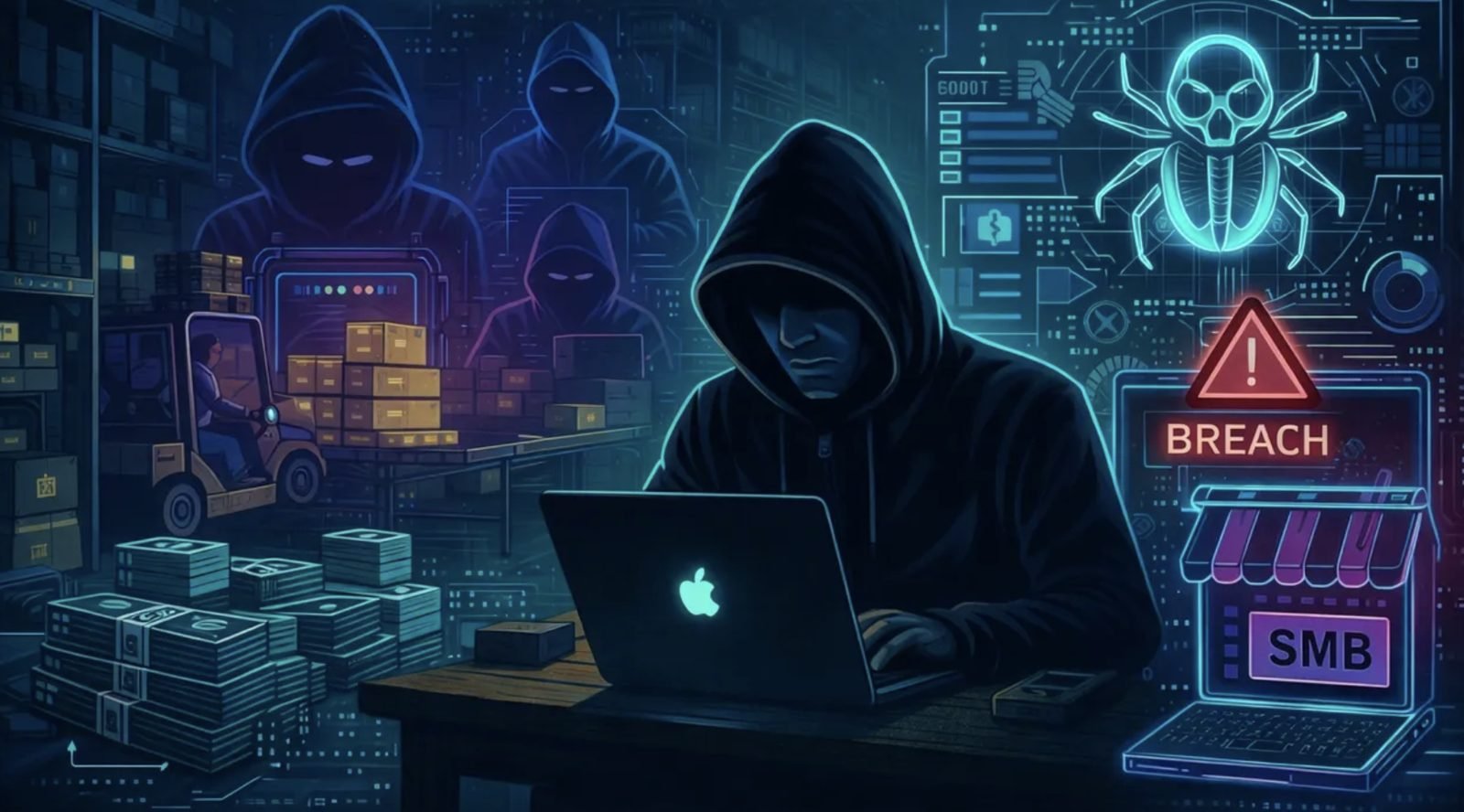 Hooded figure at laptop with breach alerts and SMB storefront — mid-market attack surface