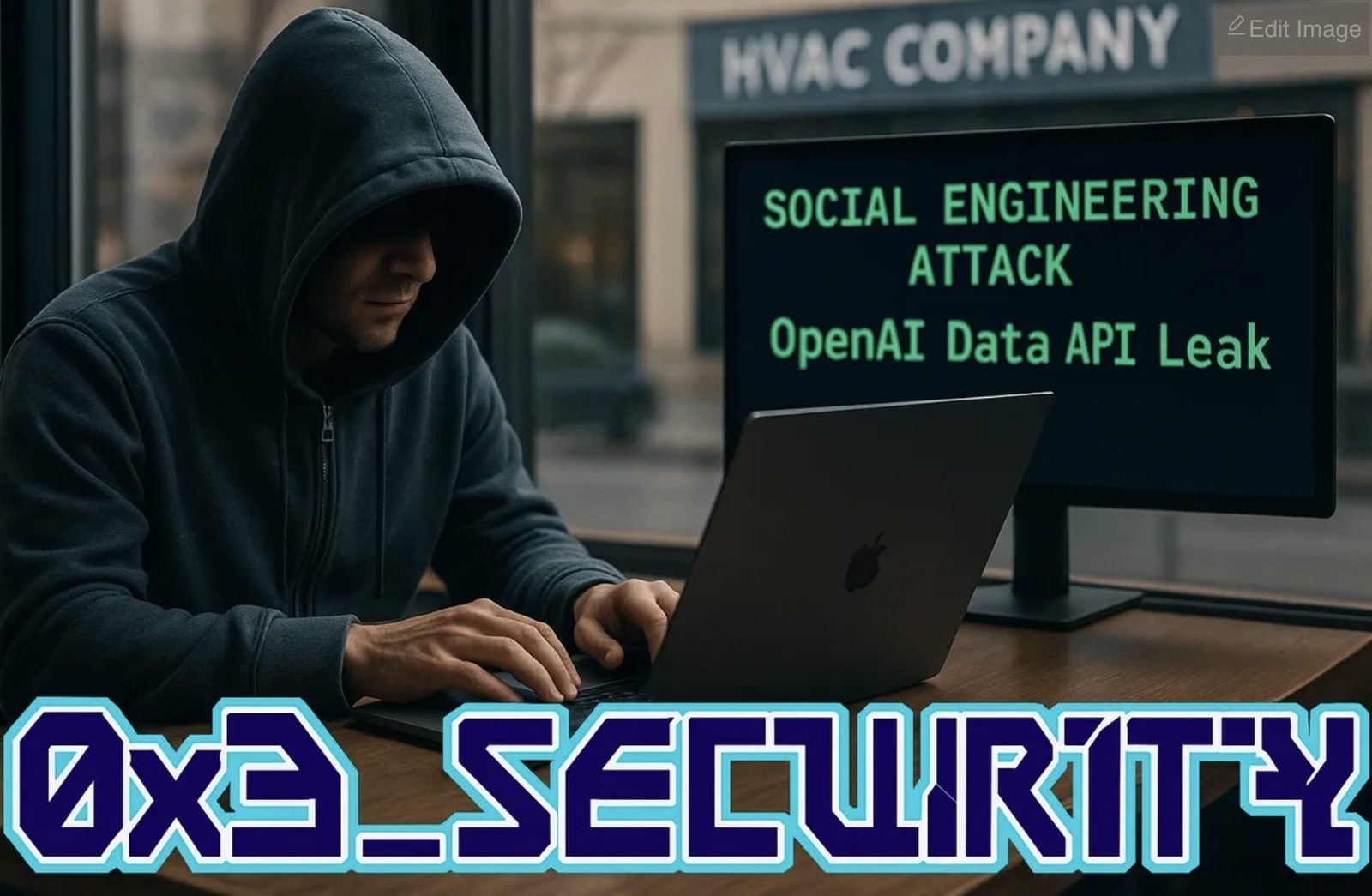 Hooded figure at laptop near storefront — OpenAI Mixpanel vendor breach and social engineering