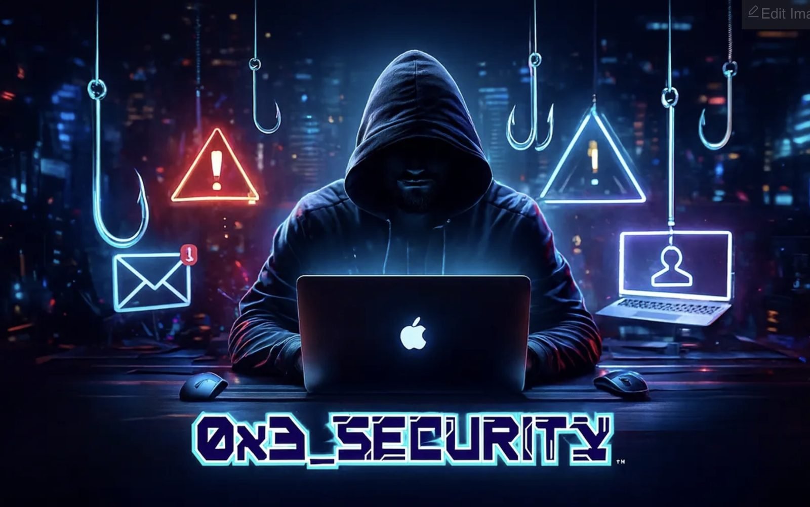 Hooded hacker at laptop surrounded by phishing hooks — SMB social engineering threats