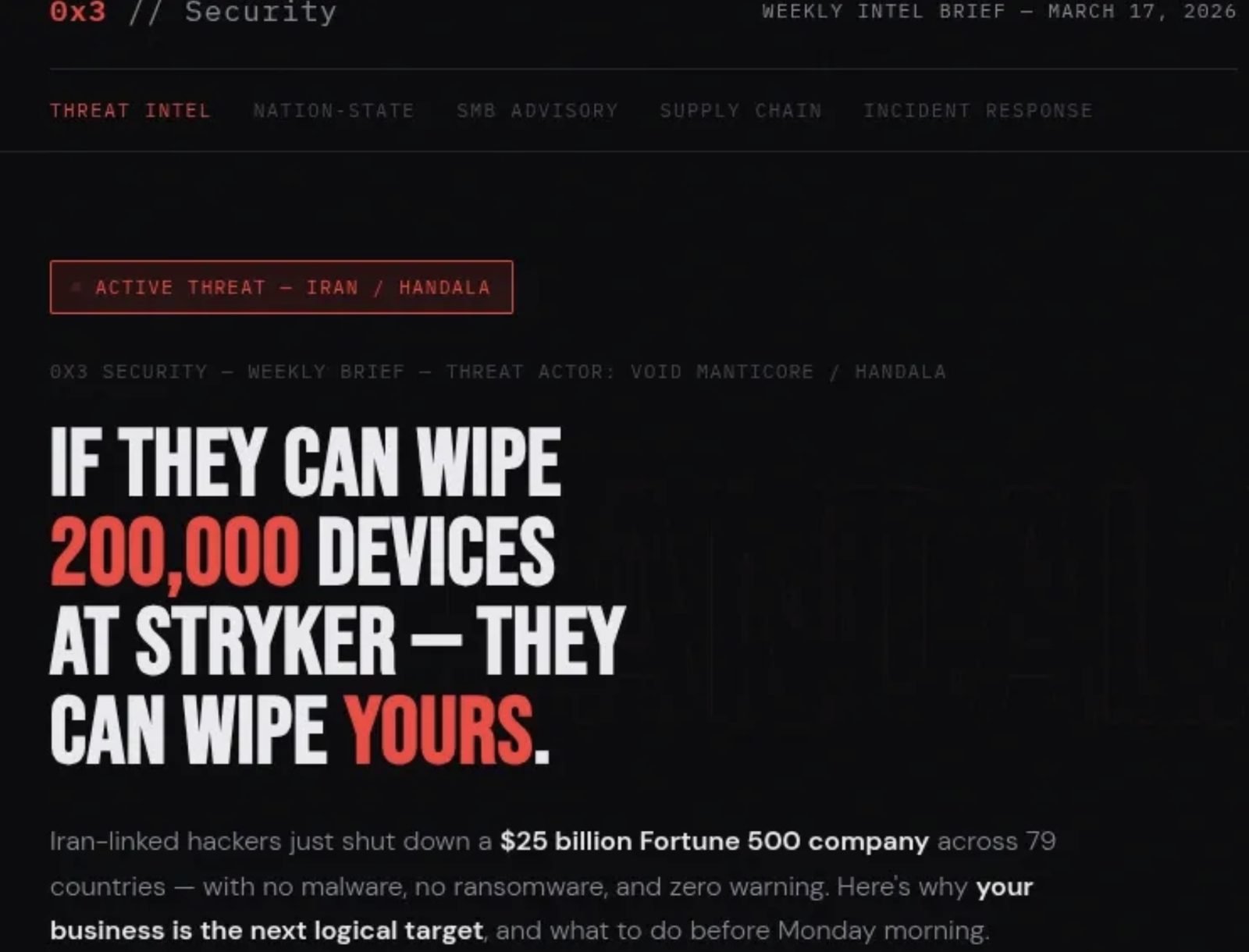 0x3 Security threat brief — Iran-linked Handala wiper attack on Stryker via Microsoft Intune